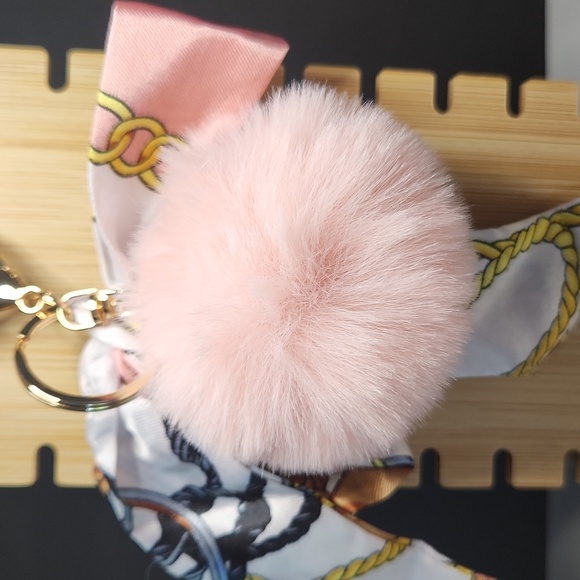 Pink and White Keychain/Purse Charm with Pom Pom And Bow - Picture 2 of 5